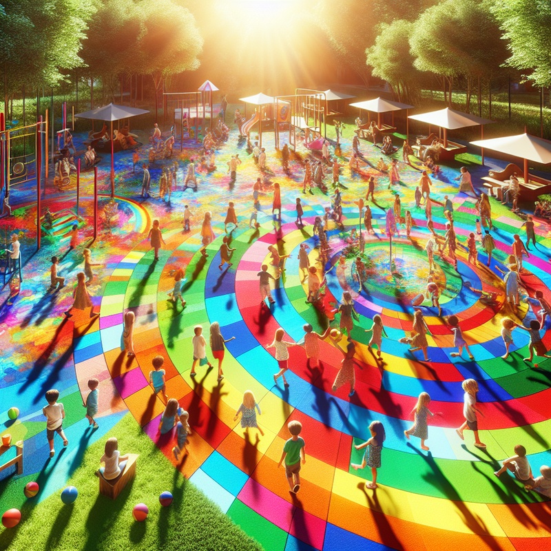 Children playing team games in a colorful playground under bright sunlight.