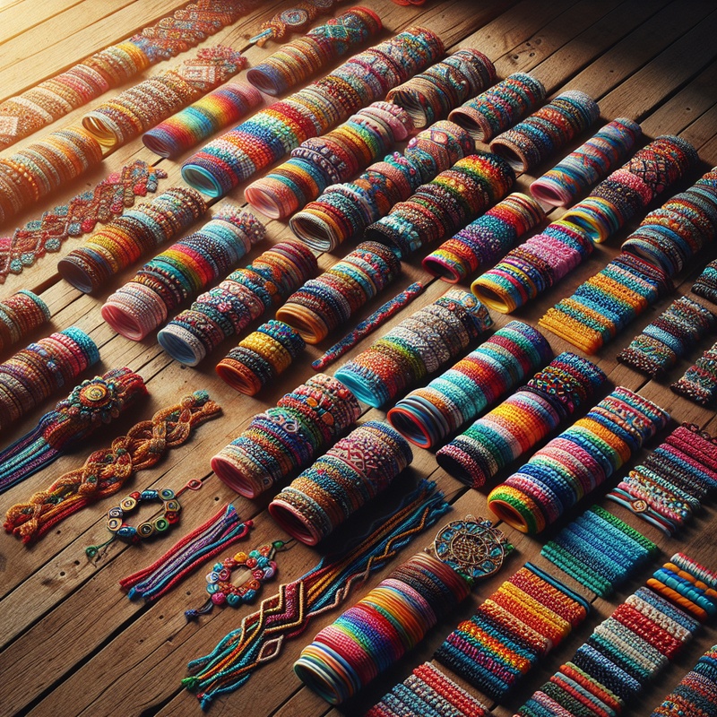 Colorful friendship bracelets with intricate patterns on a wooden table.