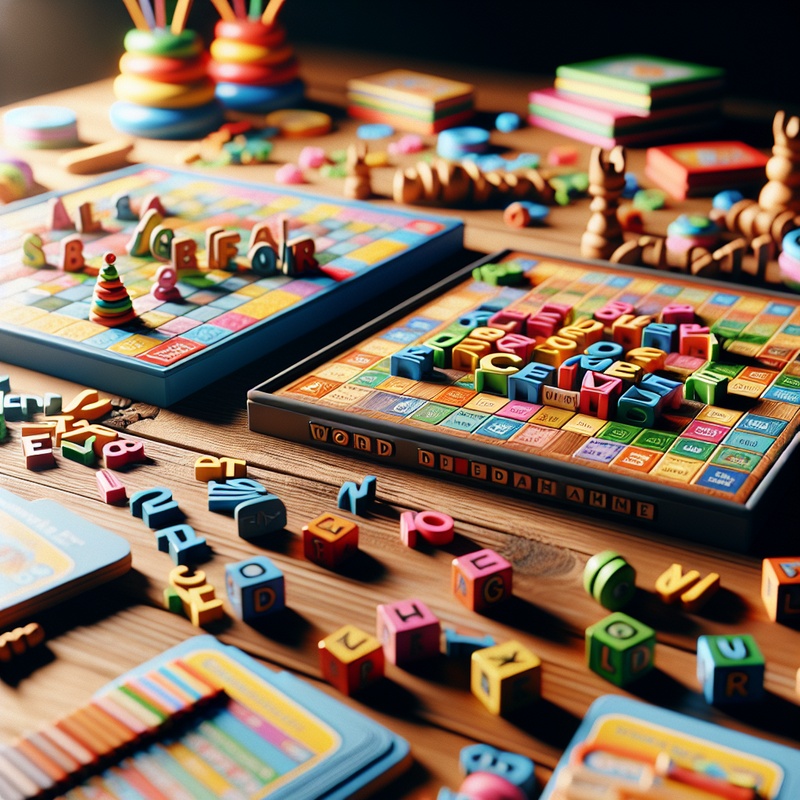 Colorful board games Scrabble Junior and Boggle for Kids on a table.