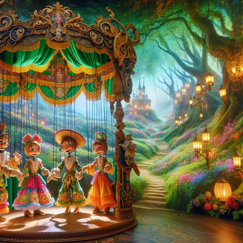 Colorful puppet theater with Spanish-themed puppets in an enchanted forest.