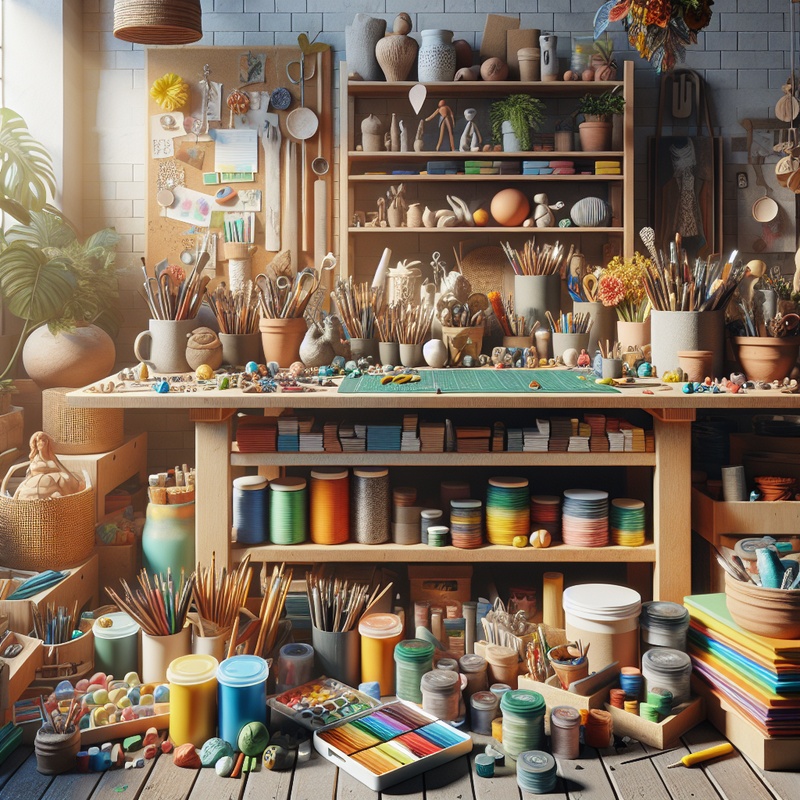 An art workspace with colorful materials and organized containers on a table.