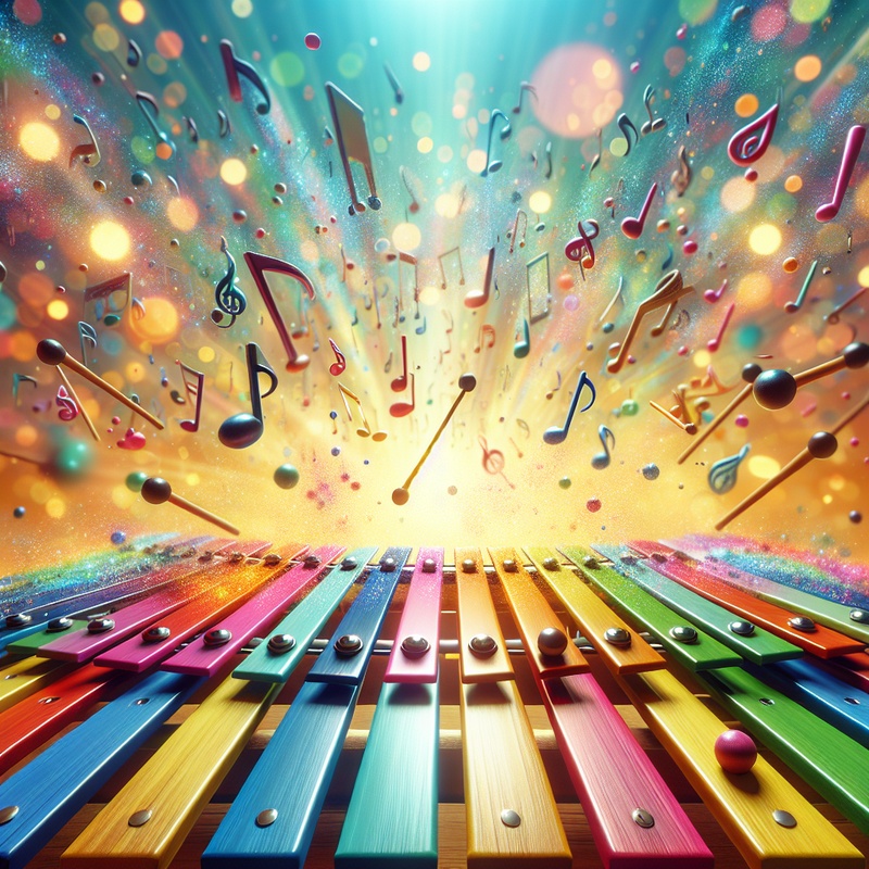 Colorful xylophone with floating musical notes on a bright background.