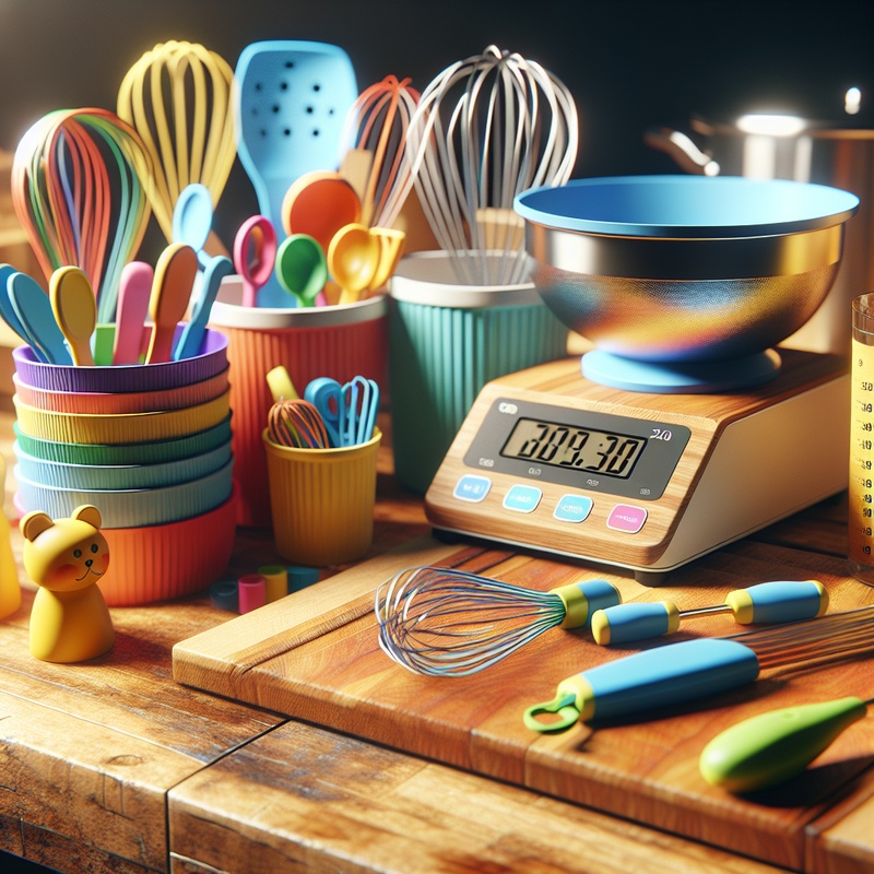 Colorful kitchen tools on a wooden countertop.
