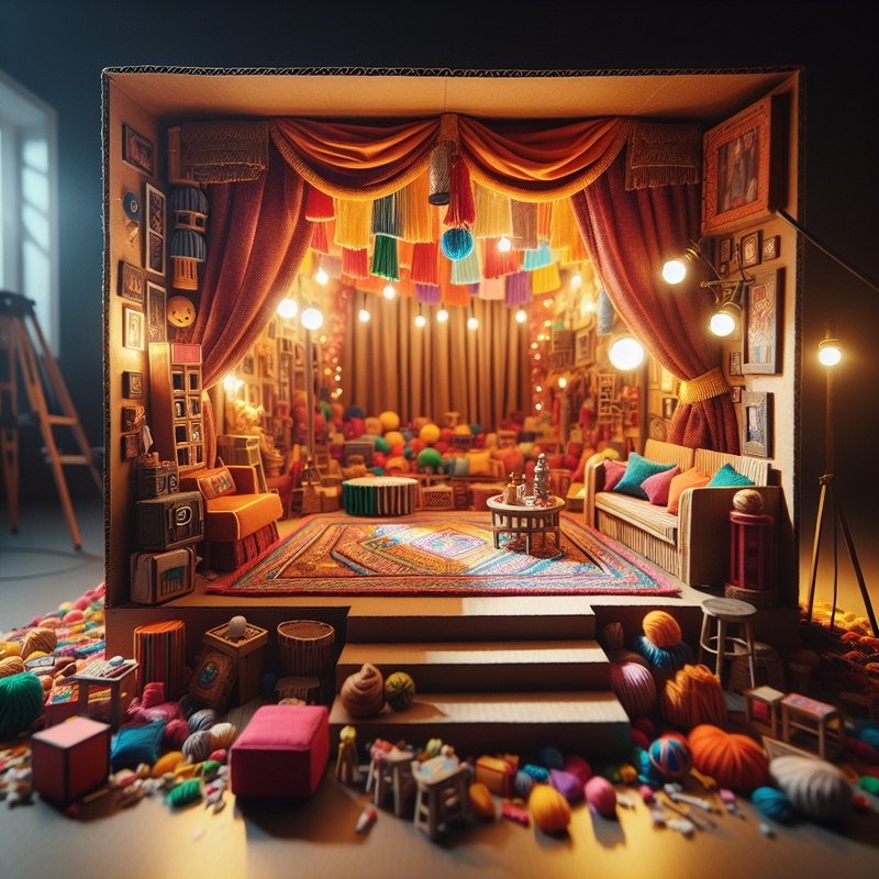 A home mini theater with a cardboard stage and colorful decorations.