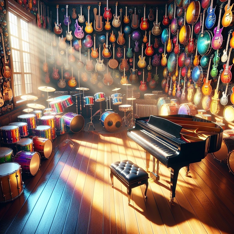 A music room with diverse instruments and natural lighting.