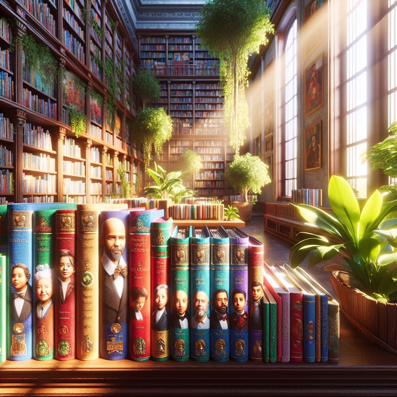 Library with children's books on historical figures and green plants.