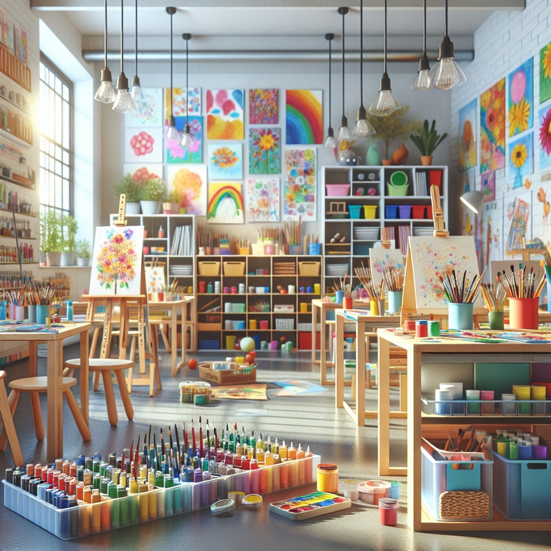 A colorful and organized kids' art studio with art supplies and natural lighting.