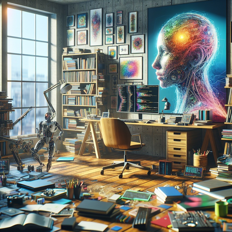 A vibrant workspace with a computer and AI project materials.