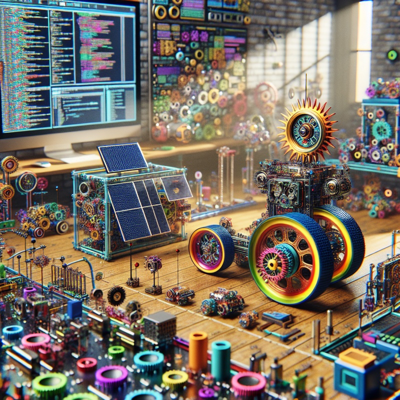 A detailed robotics workshop with a solar-powered robot and various components.