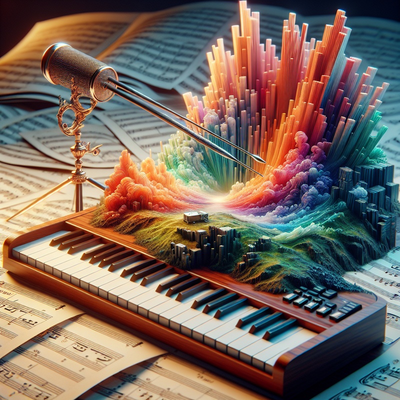 Conductor's baton on a music stand with sheet music and keyboard.