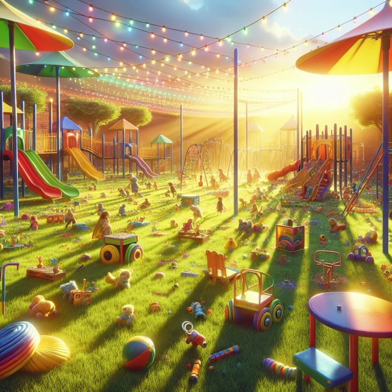A bright playground with various play equipment and toys on green grass.