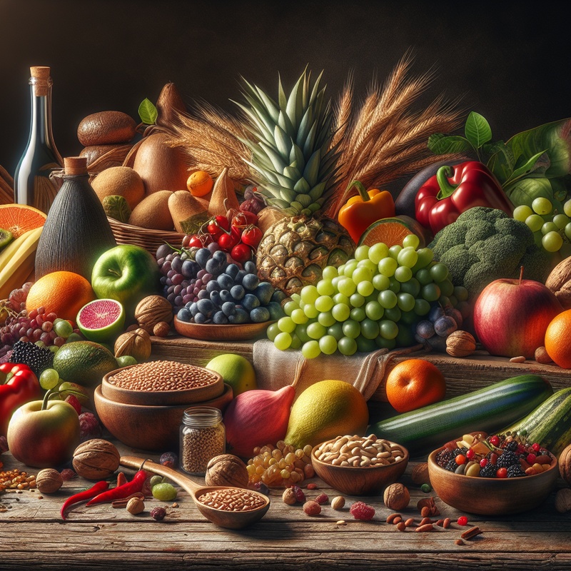 A colorful assortment of healthy foods including fruits, vegetables, grains, and nuts on a wooden table.