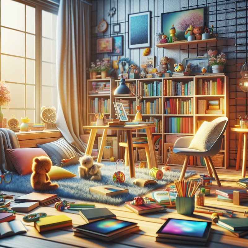 Colorful storytelling scene with books, tablets, and props in a cozy room.