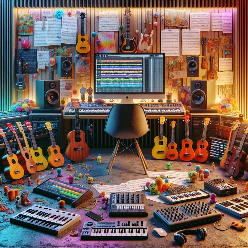 A colorful music room with instruments and music sheets.