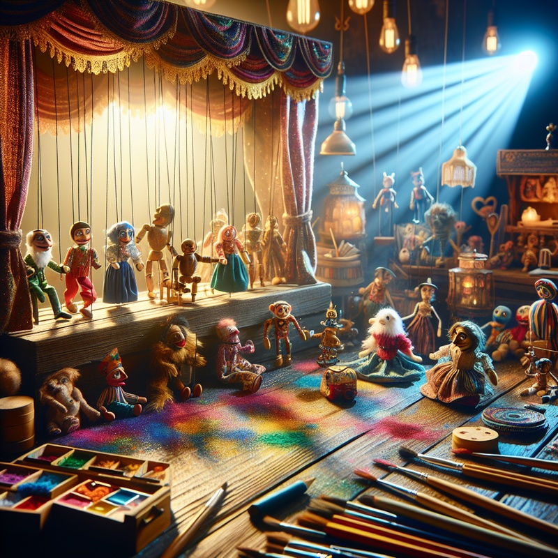 Colorful puppet theater scene with various puppets and art supplies.