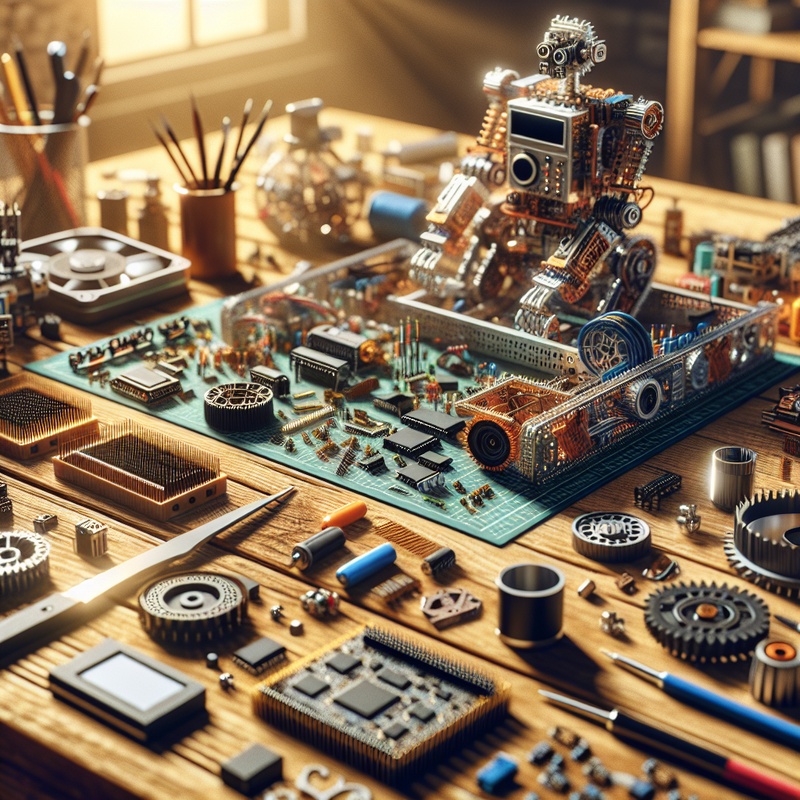 Workspace with robot parts and tools on a wooden table.