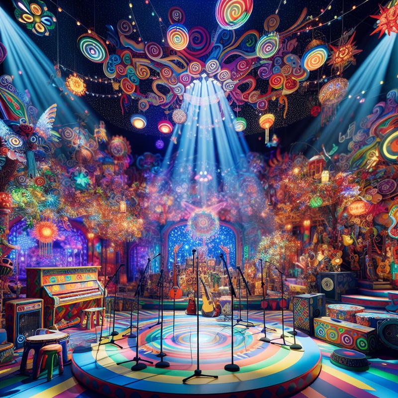 A decorated stage with lights and instruments in a community center.