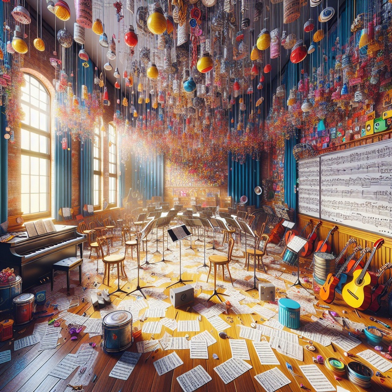 A colorful choir room with musical instruments and decorations.