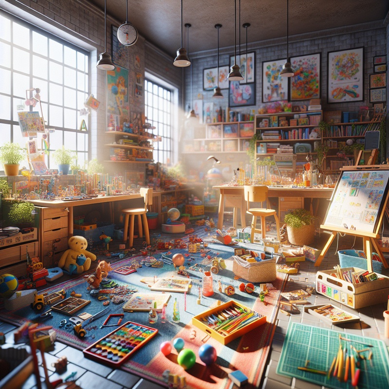 A playroom with toys, games, and art supplies in natural light.