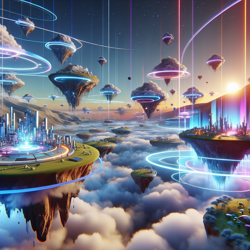 Futuristic VR landscape with floating islands and interactive 3D objects.