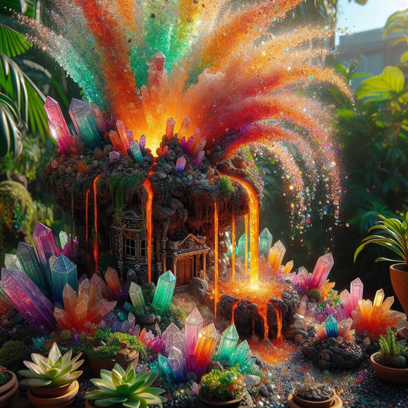 A colorful homemade volcano eruption with crystals and plants.