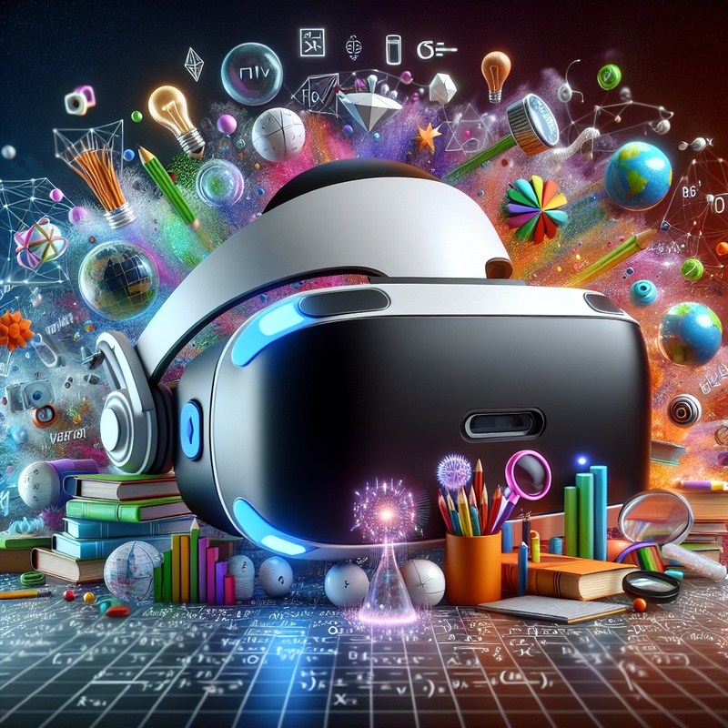 A virtual reality headset with colorful digital landscapes and educational symbols.