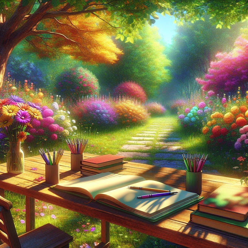 A peaceful garden scene with journals and pens on a table.
