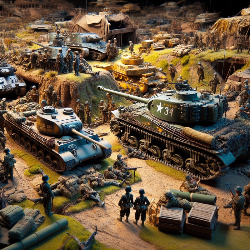 A detailed diorama of a World War II battlefield with miniature tanks and soldiers.