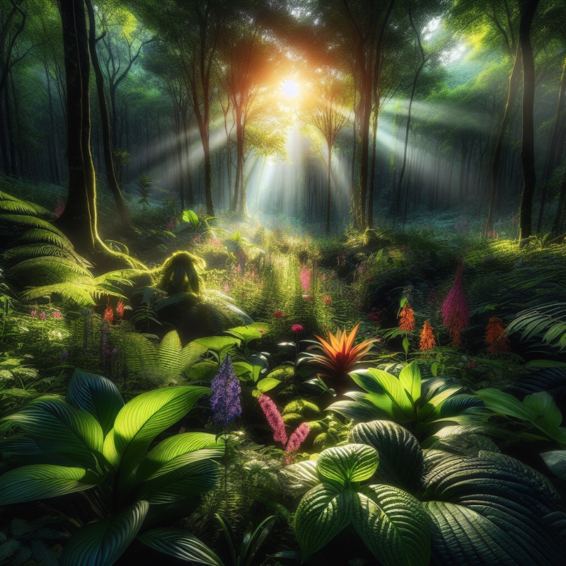 A vibrant forest scene with sunlight streaming through the trees.