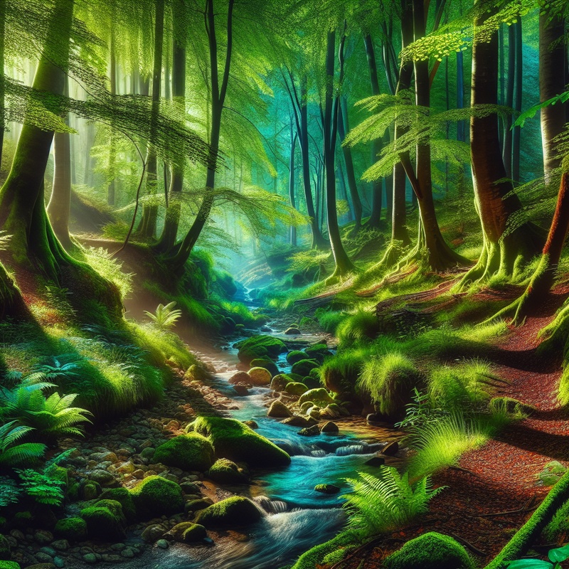 A forest trail with colorful leaves, a stream, and sunlight through trees.