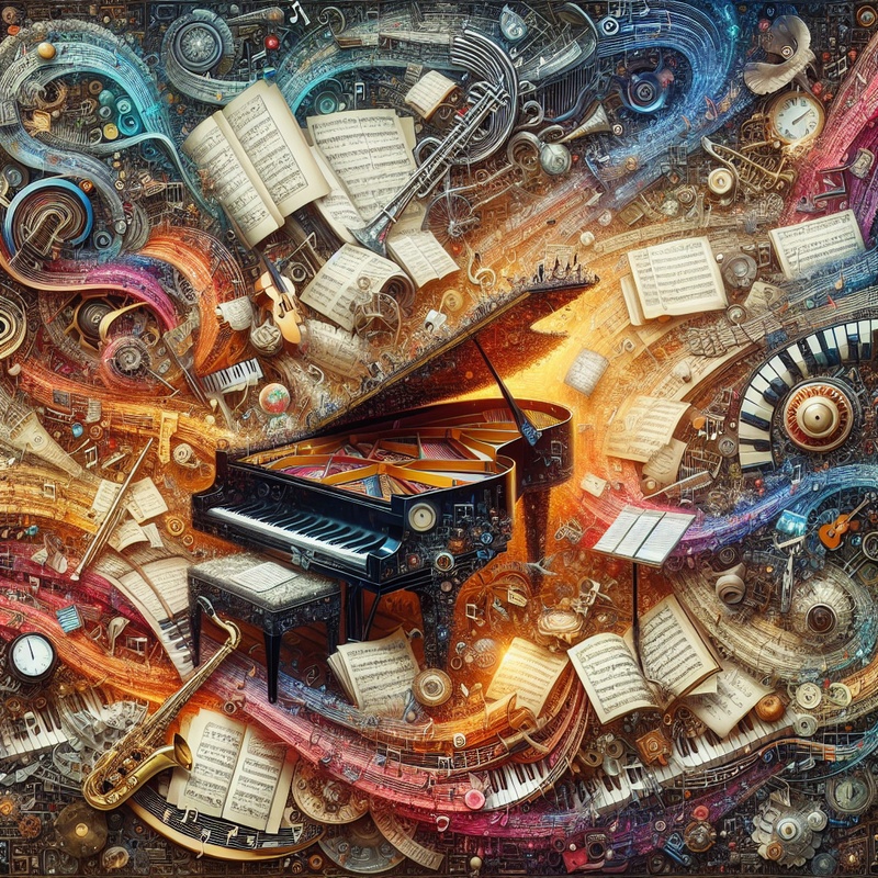 Collage of musical instruments, sheet music, and historical artifacts with colorful musical notes.