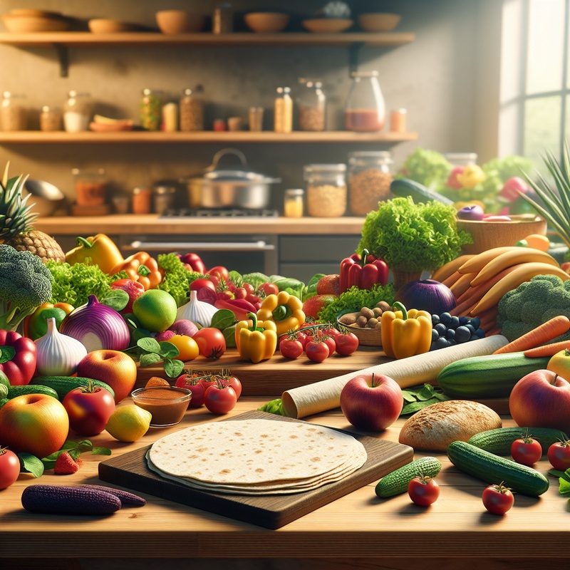A kitchen countertop with vegetables, tortillas, and fruits.