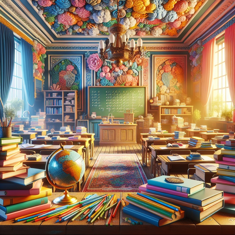 Classroom with educational tools like a chalkboard, books, and a globe.