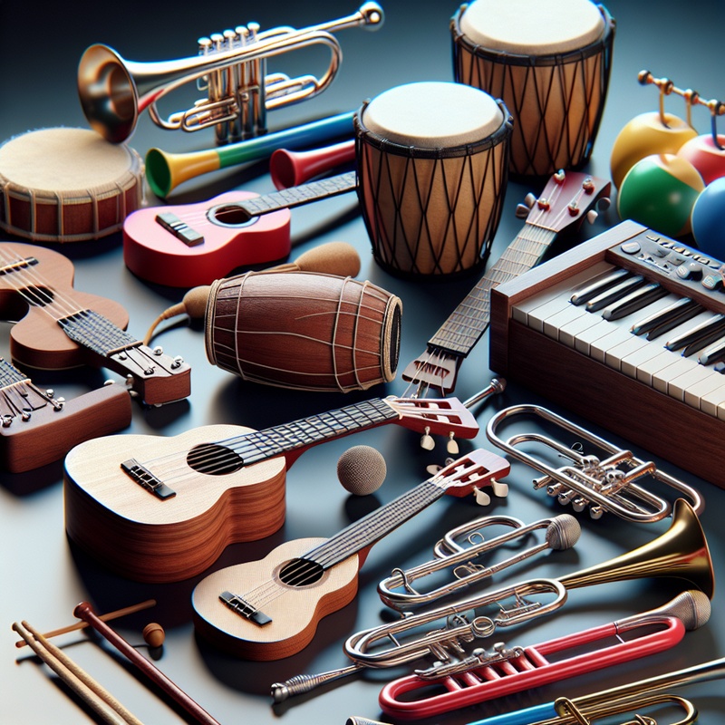Colorful array of children's musical instruments like ukulele, cajón, keyboard, and more.