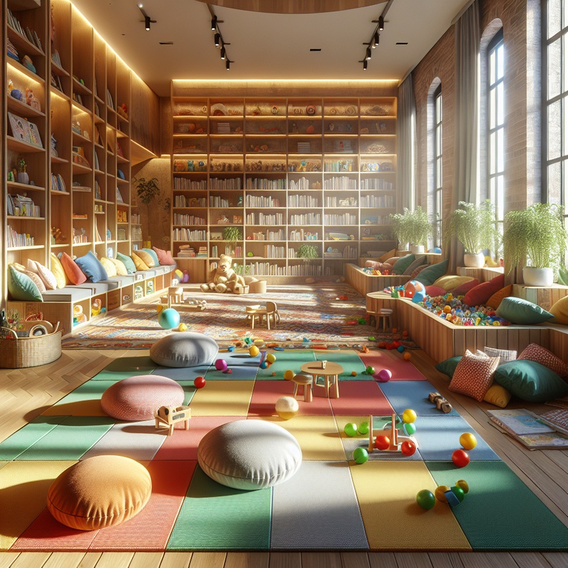 A colorful playroom with toys, mats, and reading nooks.