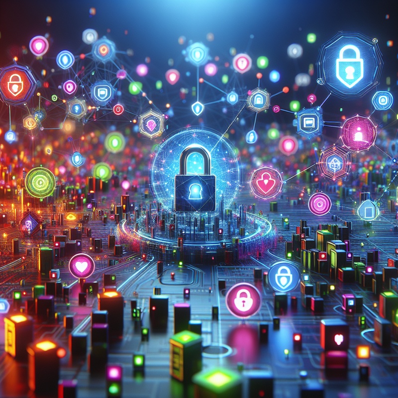 Colorful digital landscape with cybersecurity icons like locks and shields.