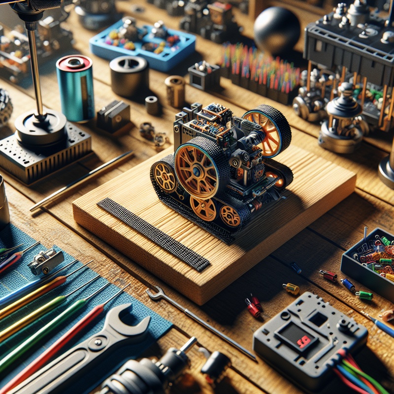 Workspace with robotics components and tools on a table.