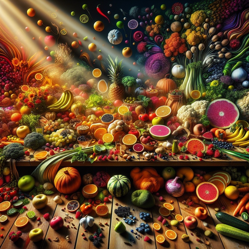 An artistic display of colorful fruits and vegetables on a wooden table.