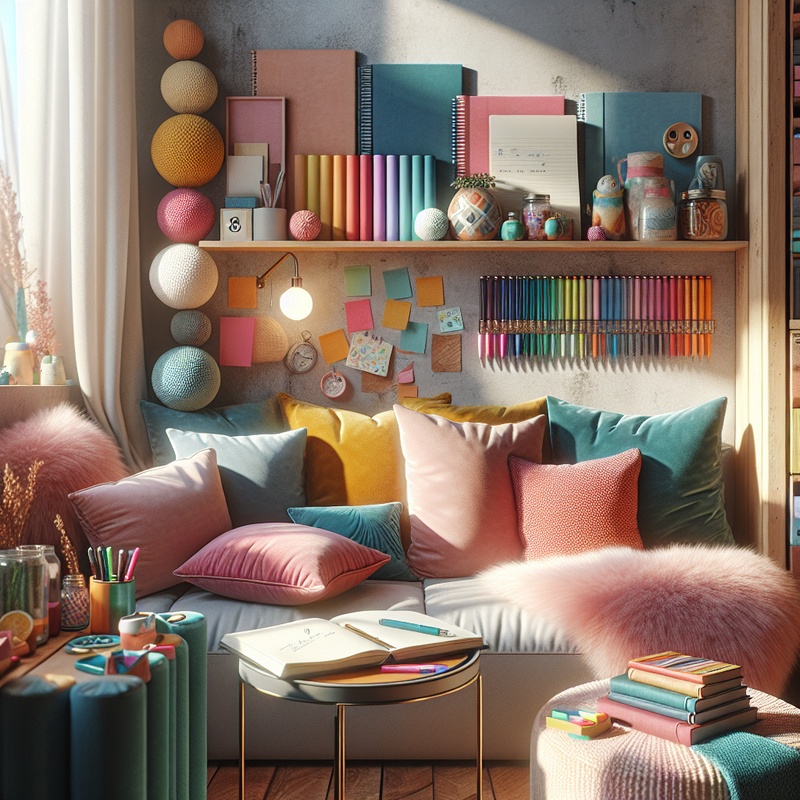 A cozy journaling nook with soft lighting, cushions, and colorful stationery.