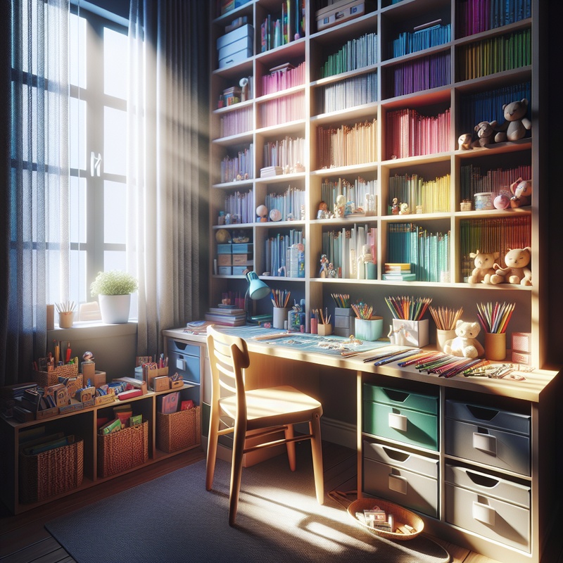 A well-organized home learning space with a desk, shelves, and educational supplies.