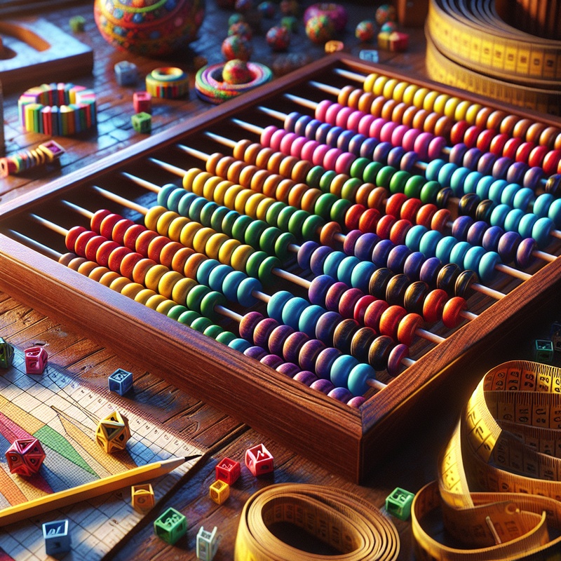 Colorful abacus with math tools on a wooden table.