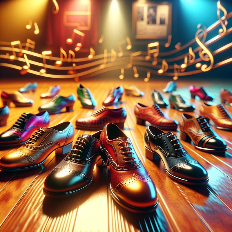 Colorful tap dance shoes on a wooden floor with music notes.