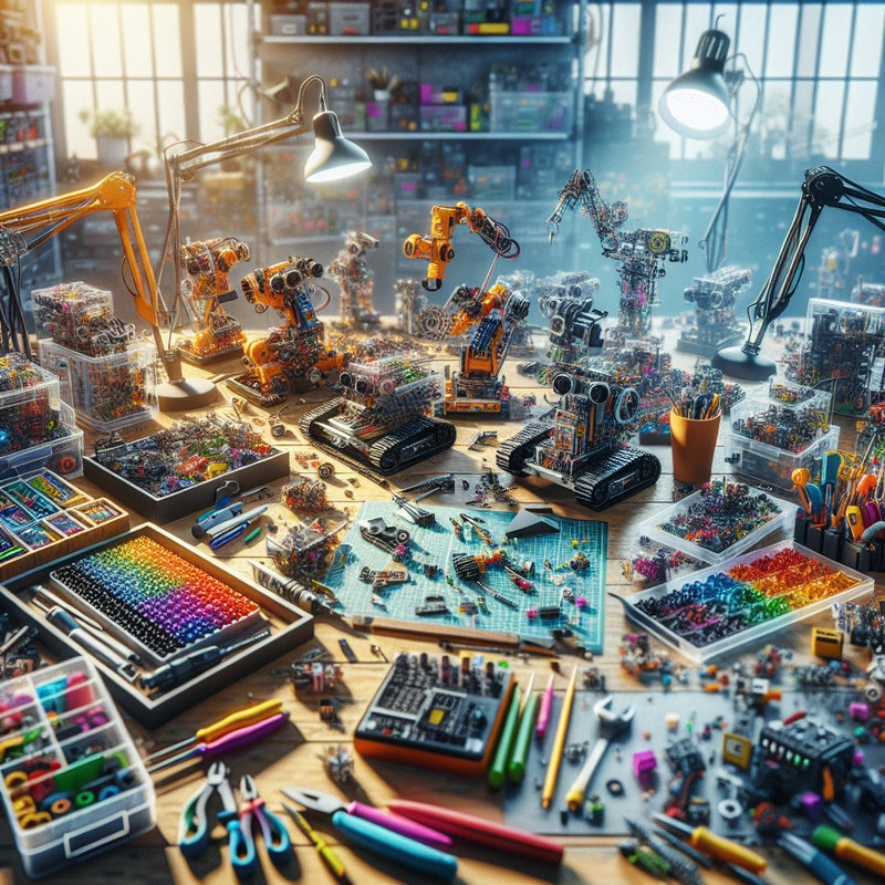 A workspace with robotics kits and components on a table.