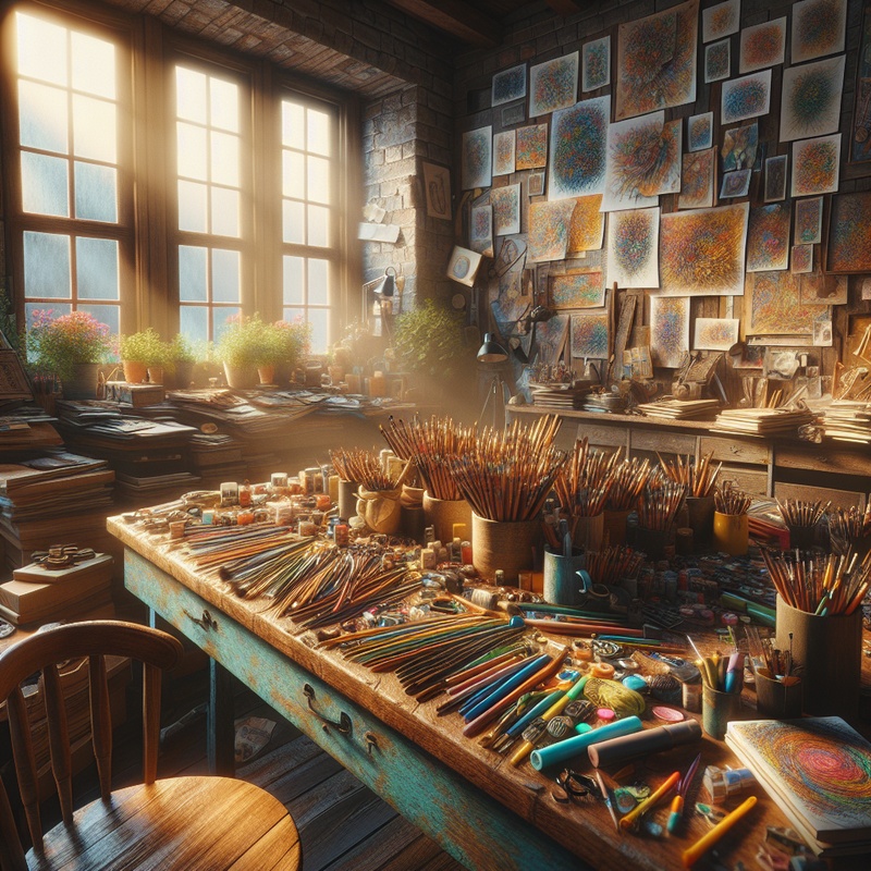 Art studio with drawing tools and sketchbooks on a table.