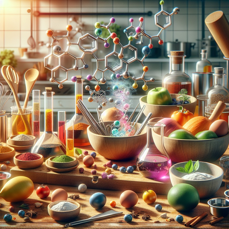 A kitchen with colorful ingredients and cooking tools, illustrating food science.
