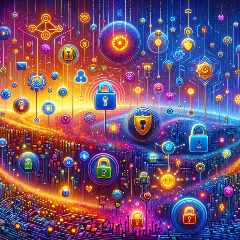 Colorful digital landscape with cybersecurity icons like locks and shields.