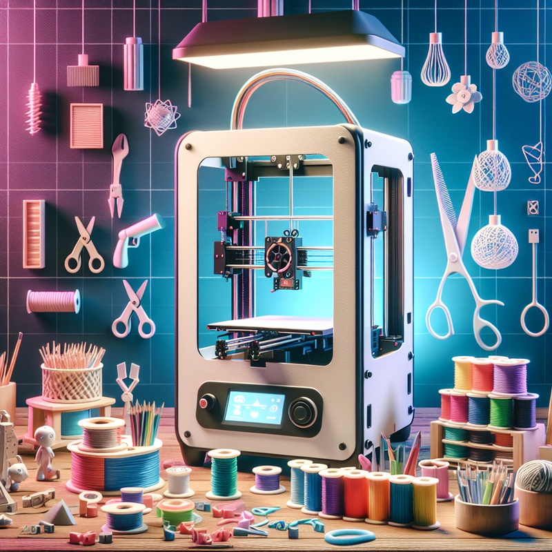 3D printer with colorful filaments in an educational setting.