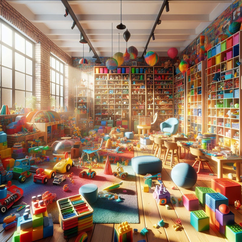 A playroom with building blocks, art supplies, and toys in natural light.