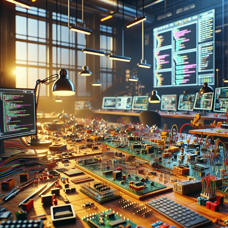 A workspace with electronic components and coding screens.