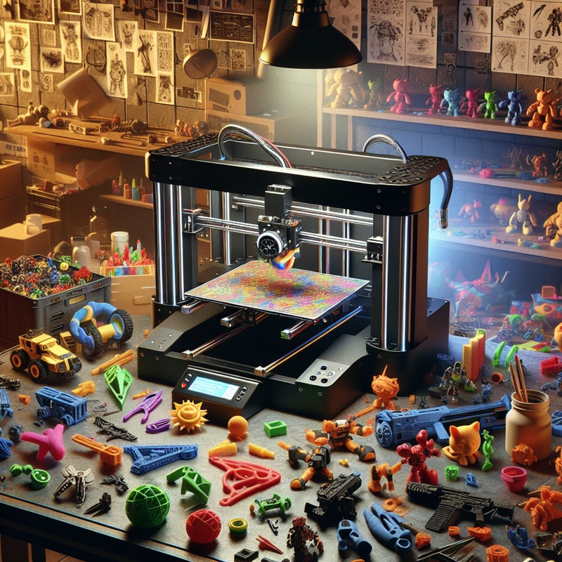3D printer crafting colorful toy designs on a workbench with toy prototypes.
